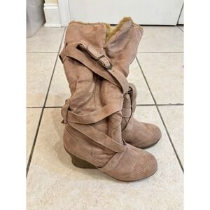 Wedge Heel Boots Faux Suede Slouch Buckle Accent‎ Tan Ankle Booties
